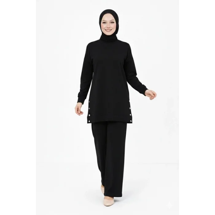 Osy Modal yumuşak dokulu Kumaş Modern Tesettür Takım Yandan Metal Çıtçıtlı Uzun Tunik Pantolon Set Salaş Kalıp - Siyah