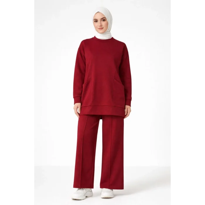 Osy Modal yumuşak dokulu Kumaş Tesettür Cepli Tunik Pantolon Takım - Bordo