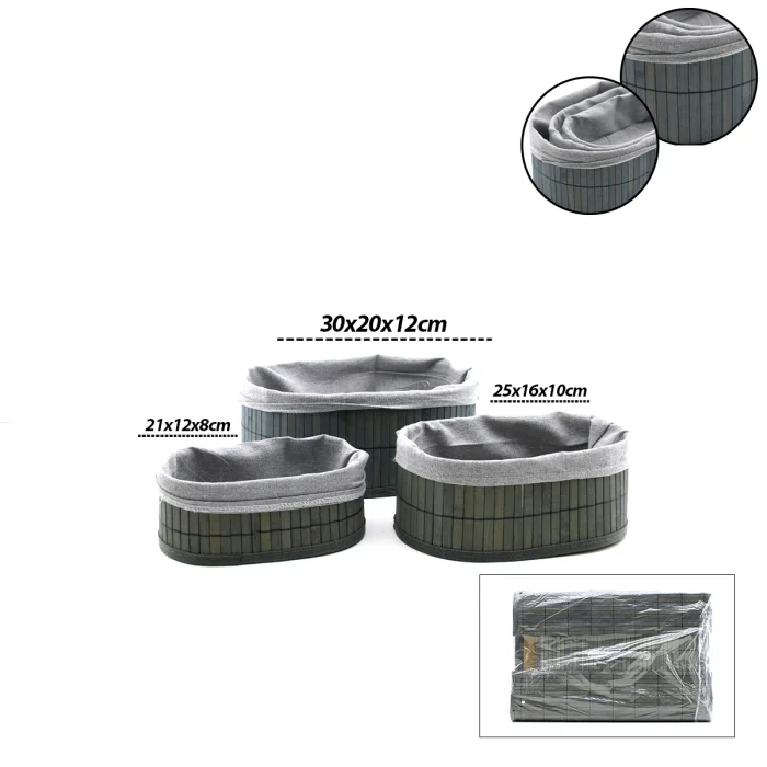 Oval Bambu Kenarlı 3lü Organizer Sepet Seti - Gri