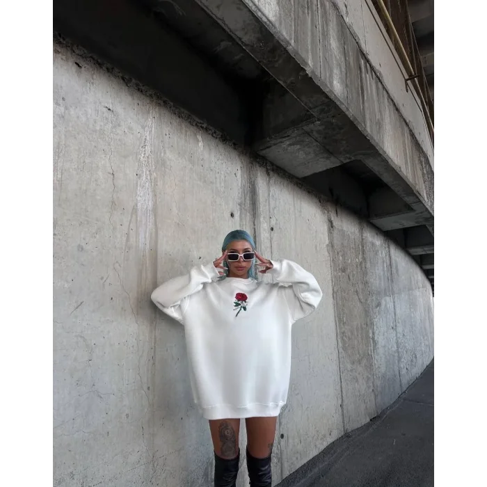 Kadın 3 iplik Pamuklu Bisiklet Yaka GÜL Baskılı SweatShirt - BeyazBeyaz