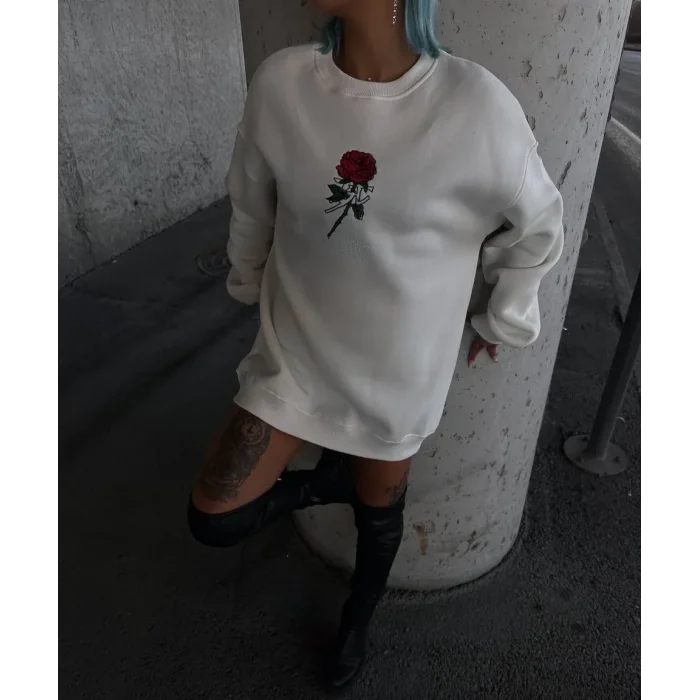 Kadın 3 iplik Pamuklu Bisiklet Yaka GÜL Baskılı SweatShirt - BeyazBeyaz