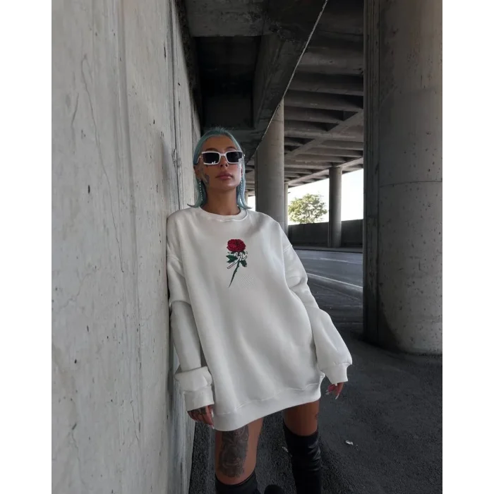 Kadın 3 iplik Pamuklu Bisiklet Yaka GÜL Baskılı SweatShirt - BeyazBeyaz