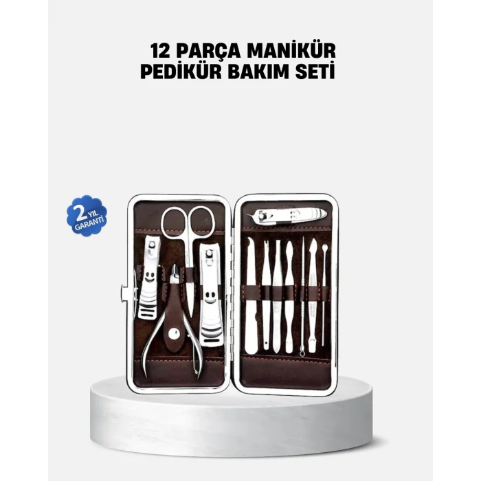 Özel Deri Çantalı 12 Parça Manikür Pedikür Bakım Seti Paslanmaz Çelik
