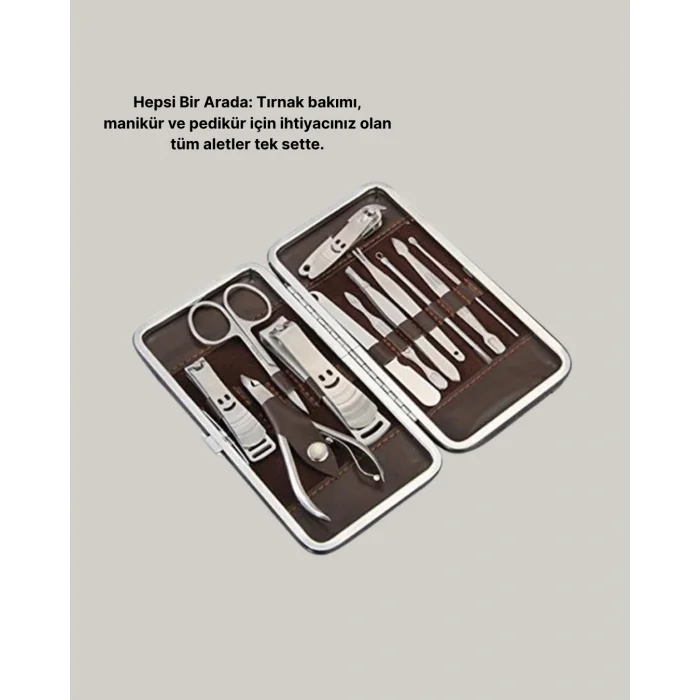 Özel Deri Çantalı 12 Parça Manikür Pedikür Bakım Seti Paslanmaz Çelik