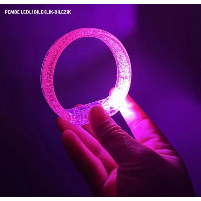 Pembe Led Işıklı Baskı Yapılabilen Pilli Bileklik Bilezik 1,5 cm Genişlik