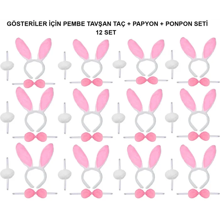 Pembe Tavşan Kostüm Seti – Taç, Papyon, Ponpon (12’li Paket)