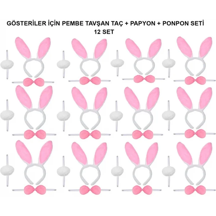 Pembe Tavşan Kostüm Seti – Taç, Papyon, Ponpon (12’li Paket)