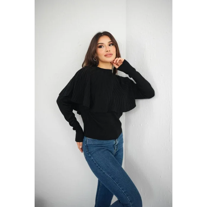 Piliseli Pelerin Detaylı Triko Bluz - Ekru