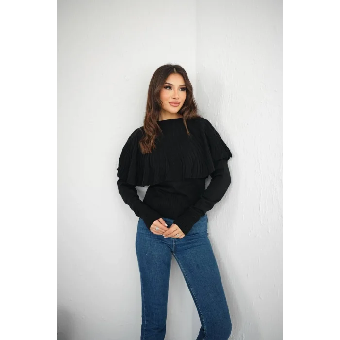 Piliseli Pelerin Detaylı Triko Bluz - Ekru