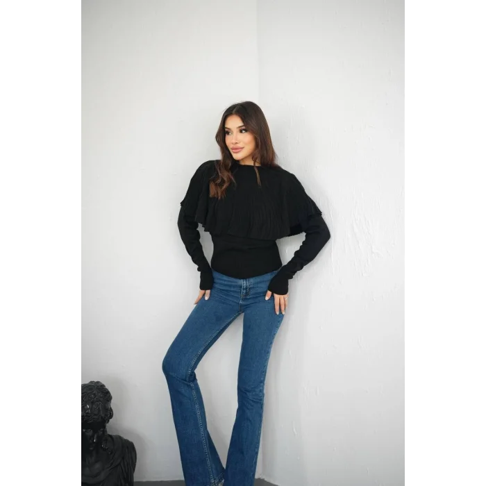 Piliseli Pelerin Detaylı Triko Bluz - Ekru