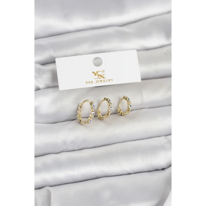 Pirinç Gold Renk Nazarlı Model 3lü Kadın Küpe