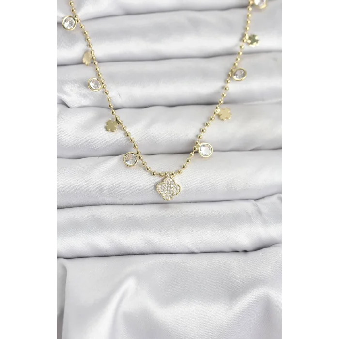 Pirinç Gold Renk Yonca Model Kadın Kolye