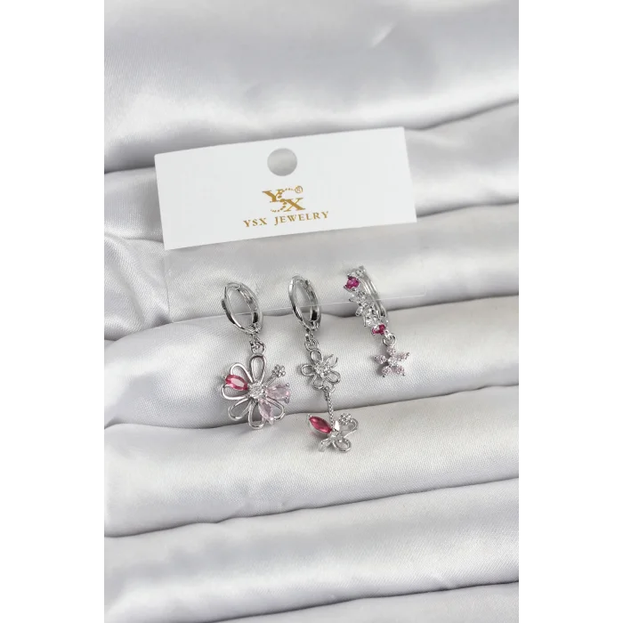 Pirinç Gümüş Renk Çiçek Model 3lü Kadın Küpe