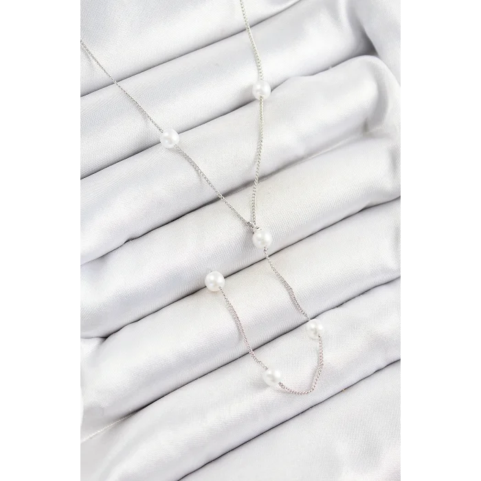 Pirinç İnci Figürlü Y Model Gümüş Renk Kadın Kolye