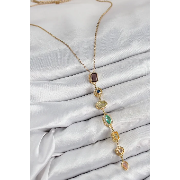 Pirinç Renkli Zirkon Taşlı Model Gold Renk 7 Element Kadın Y Kolye
