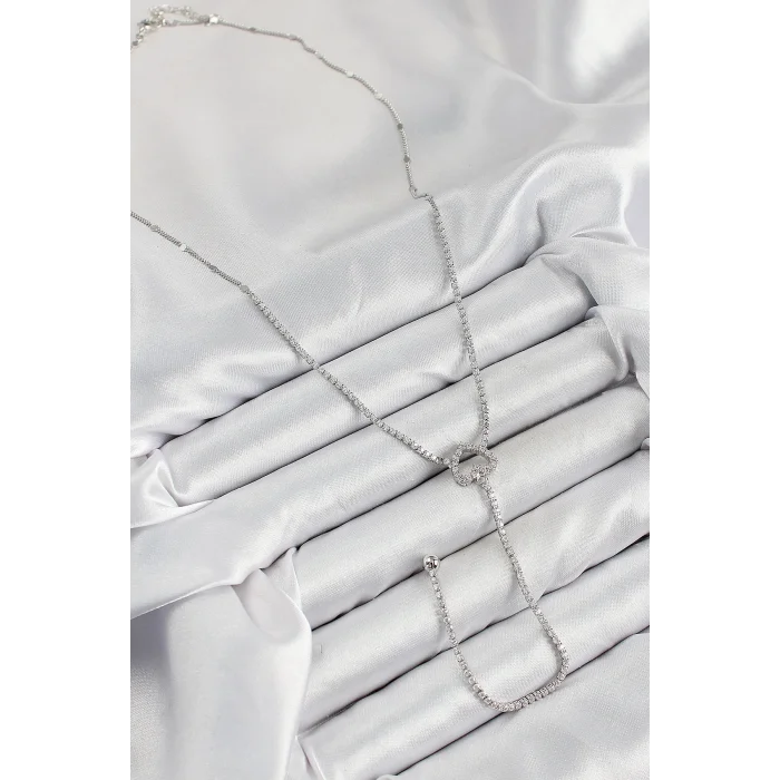 Pirinç Zirkon Taşlı Kalp Model Gümüş Renk  Y Kolye