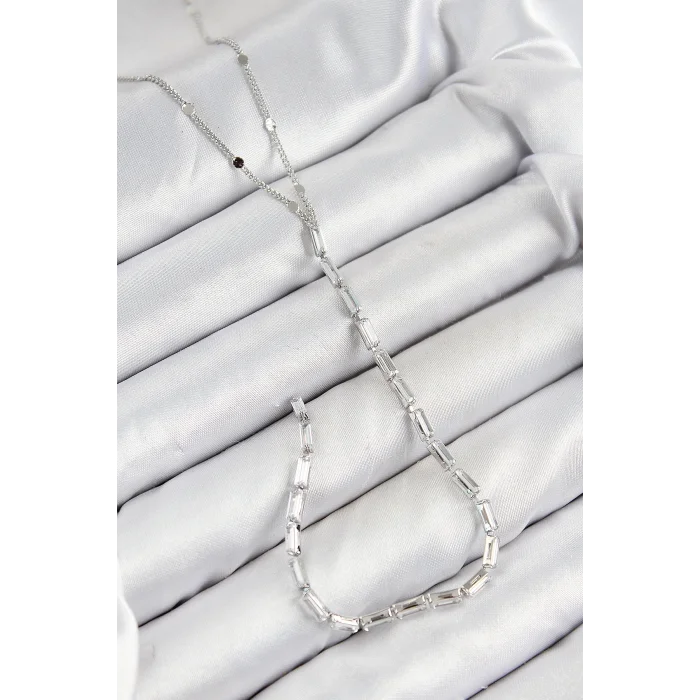 Pirinç Zirkon Taşlı Model Gümüş Renk Y Kolye