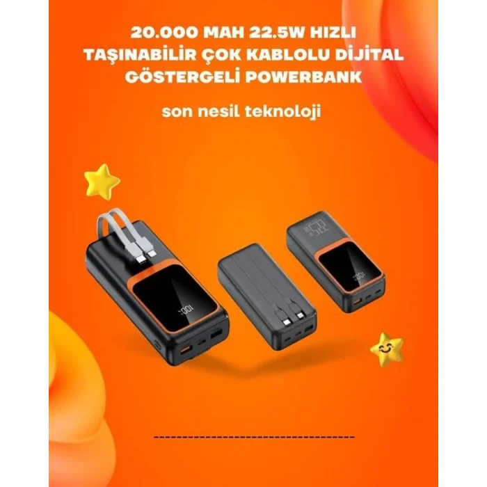 Powerbank 20000 mAh | 22.5W Hızlı Şarj, Dahili Kablolu, LCD Ekranlı Şarj Cihazı