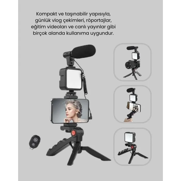 Profesyonel Vlog Çekim Kiti LED Işıklı Tripod Mikrofonlu Telefon Seti