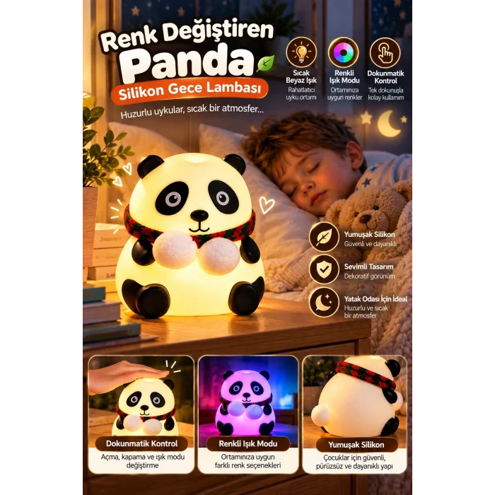 Renkli Işık Modlu Silikon Panda Gece Lambası Dokunmatik Kontrollü Sevimli Dekoratif