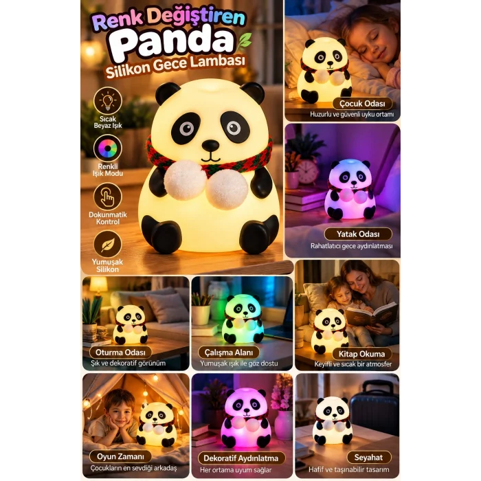 Renkli Işık Modlu Silikon Panda Gece Lambası Dokunmatik Kontrollü Sevimli Dekoratif