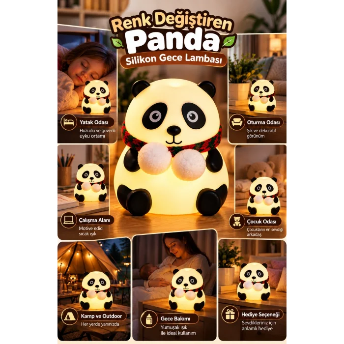 Renkli Işık Modlu Silikon Panda Gece Lambası Dokunmatik Kontrollü Sevimli Dekoratif