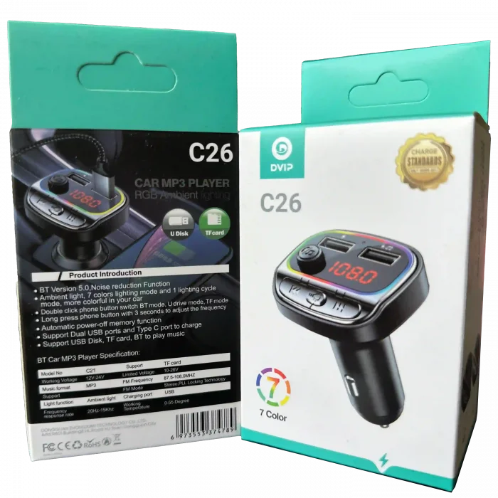 RGB Renkli Araba FM MP3 Çalar Kablosuz Bluetooth 5.0 C26