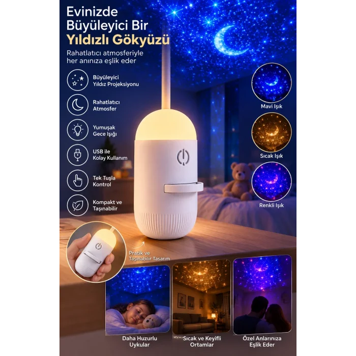 Romantik Atmosfer İçin Ay Yıldız Projeksiyonlu Gece Lambası