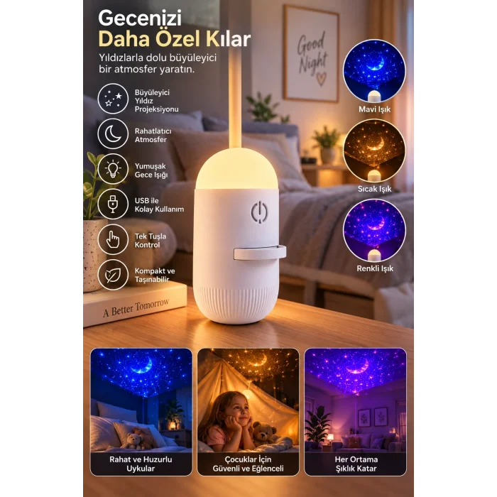 Romantik Atmosfer İçin Ay Yıldız Projeksiyonlu Gece Lambası