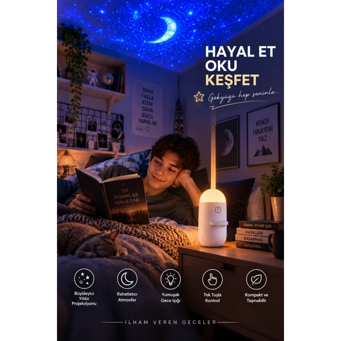Romantik Atmosfer İçin Ay Yıldız Projeksiyonlu Gece Lambası