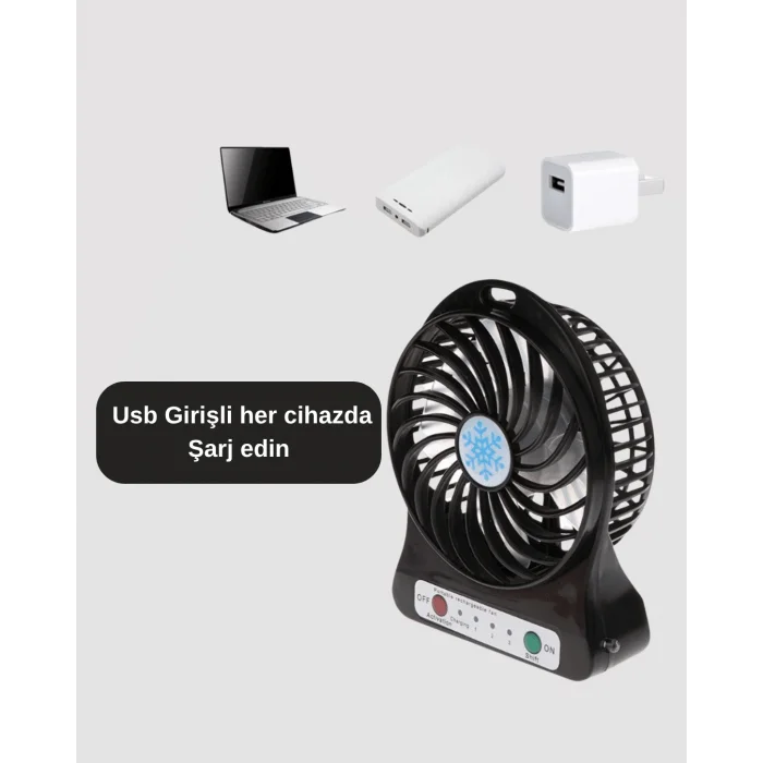 Şarjlı USB Fan – Masaüstü Mini Vantilatör, Taşınabilir, Işıklı, 3 Kademeli, Sessiz
