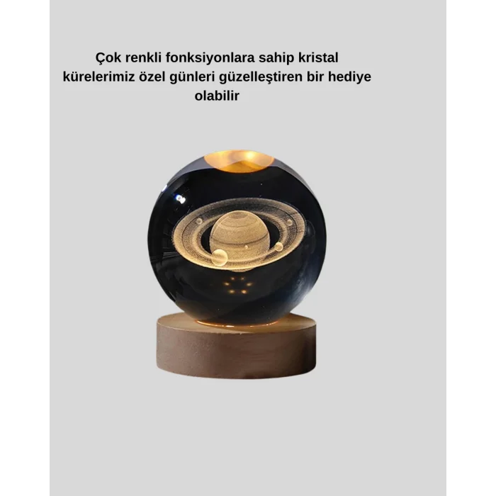 Satürn Gezegenli Kristal Küre LED Lamba USB’li Ahşap Standlı