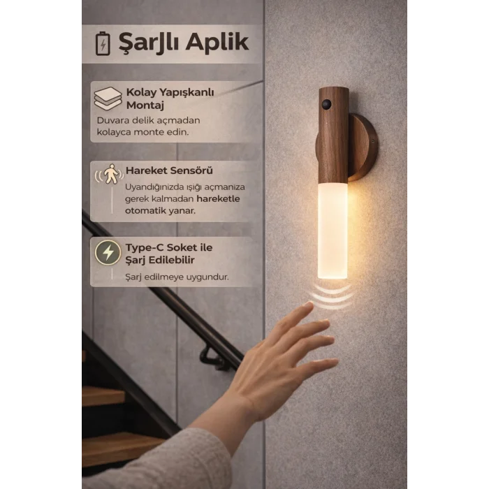 Sensörlü Dekoratif Meşale Duvar Aplik LED Gece Lambası Mıknatıslı Model