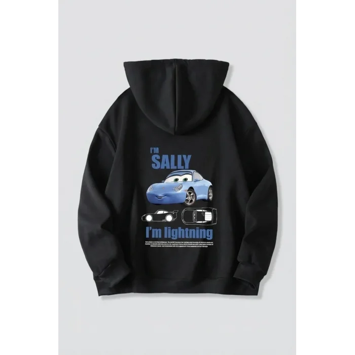 Sevgililer Günü Özel Kapüşonlu Araba Baskılı Oversize Sweatshirt - Siyah