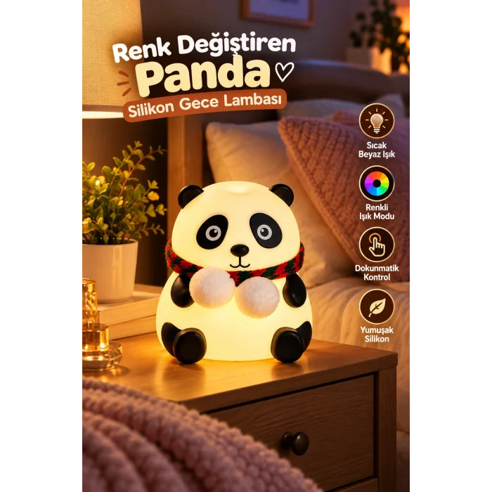 Sevimli Panda Silikon Gece Lambası Renkli Işık Modu Dokunmatik Kontrollü Aydınlatma