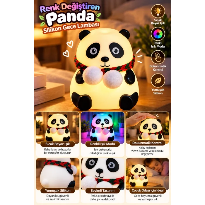 Sevimli Panda Silikon Gece Lambası Renkli Işık Modu Dokunmatik Kontrollü Aydınlatma
