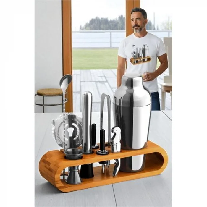 Shaker Kokteyl Set - 10 Parça 750 ML Shaker Coctail Set  Bambu Standlı