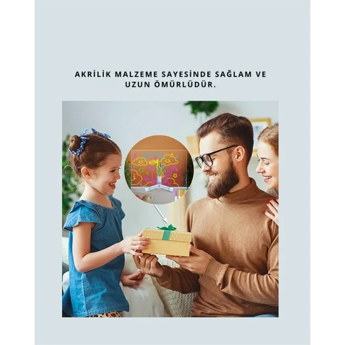 Şık ve Modern LED Pano – Neon Işıklı Silinebilir Akrilik Yazı Tahtası, 7 Renkli Kalem Dahil