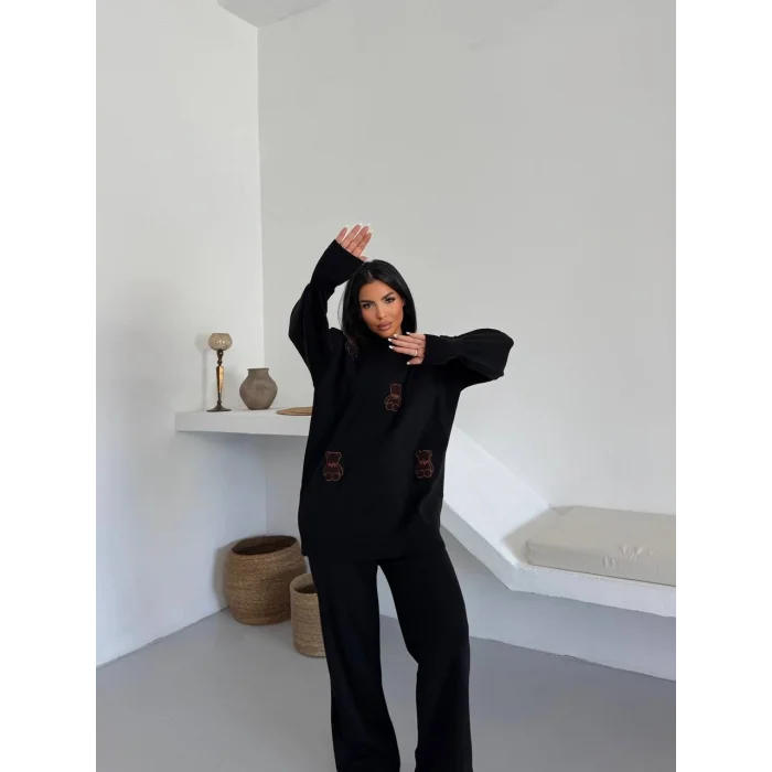 Siyah Ayıcık Desenli Oversize Triko Takım - Siyah