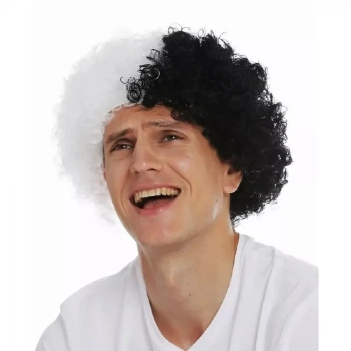 Siyah Beyaz Kıvırcık Afro Bonus Taraftar Peruğu