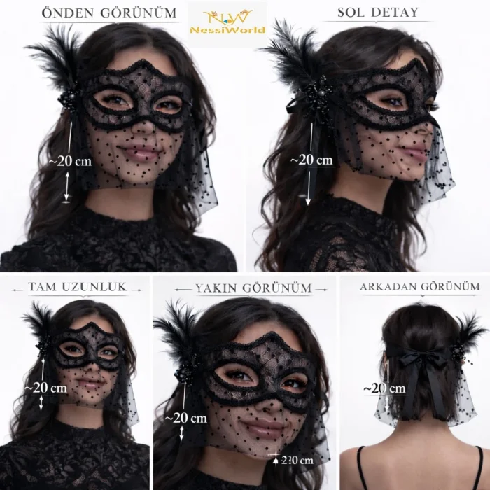 Siyah Dantel Tüllü Peçeli Parti Maskesi