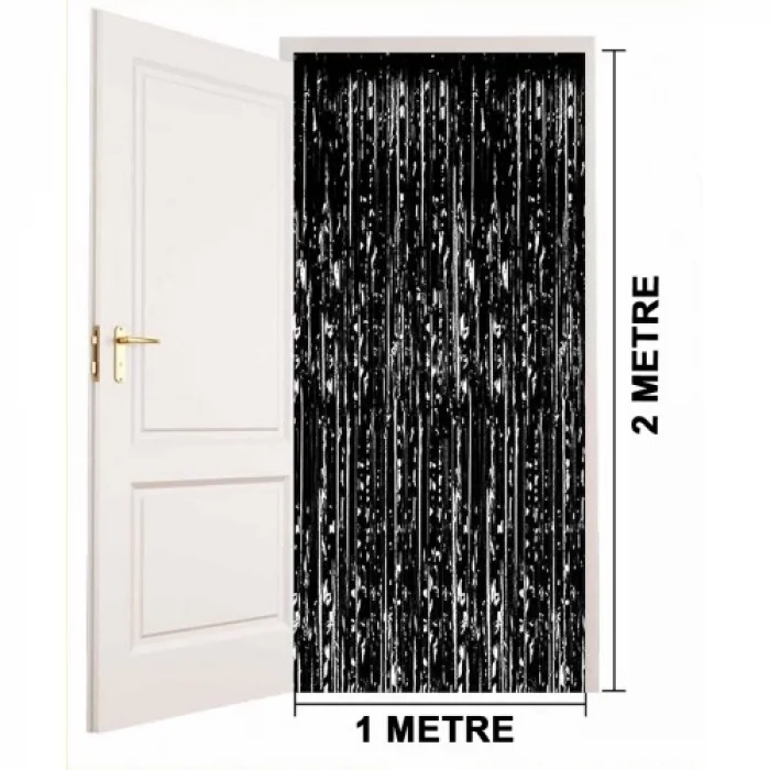 Ekstra Metalize Parlak Saçaklı Arka Fon Perde Siyah