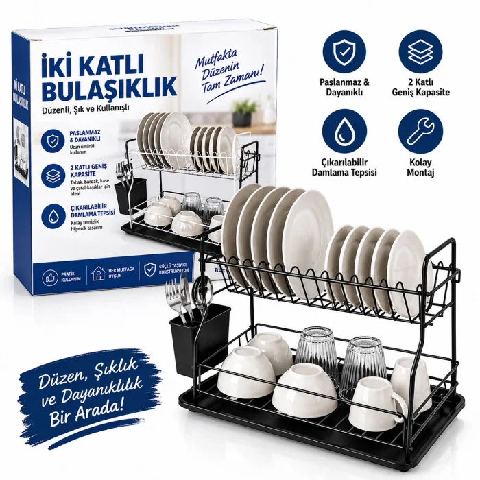 Siyah - Metal 2 Katlı Tabaklık - Bulaşıklık Bx40