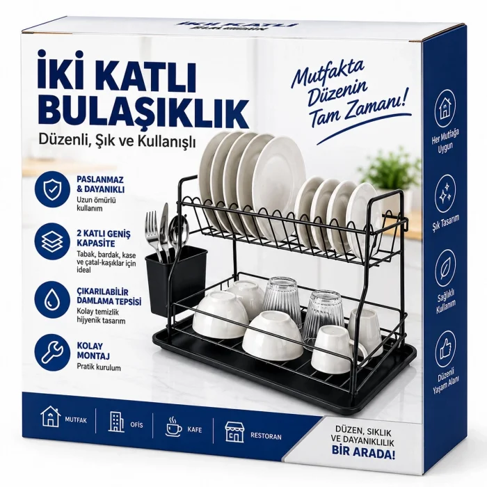 Siyah - Metal 2 Katlı Tabaklık - Bulaşıklık Bx40
