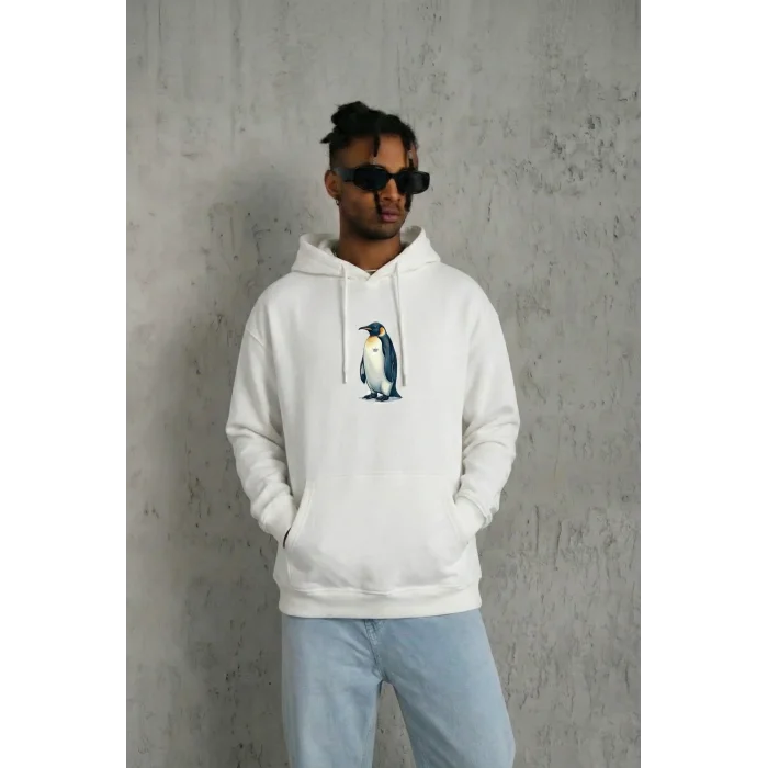 Erkek Survivor Penguin Baskılı 3 İplik Pamuklu Kapüşonlu Sweatshirt Hoodie Beyaz