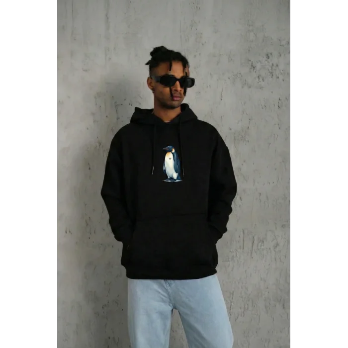 Erkek Survivor Penguin Baskılı 3 İplik Pamuklu Kapüşonlu Sweatshirt Hoodie Siyah