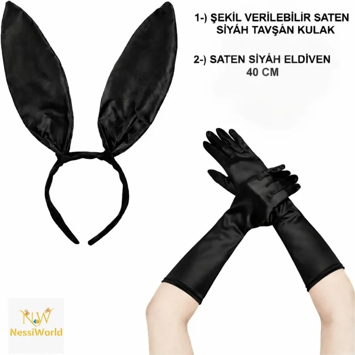 Siyah Parlak Tavşan Kulak ve 40 cm Parlak Siyah Eldiven Kostüm Seti
