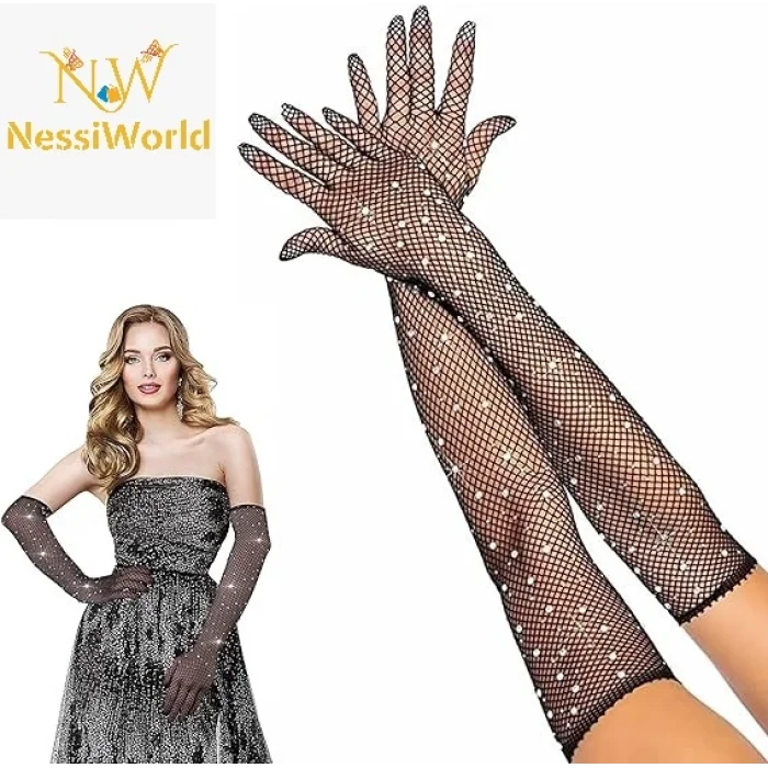 Siyah Renk İncili Elmas İşlemeli File Örgü Uzun Eldiven 45 cm