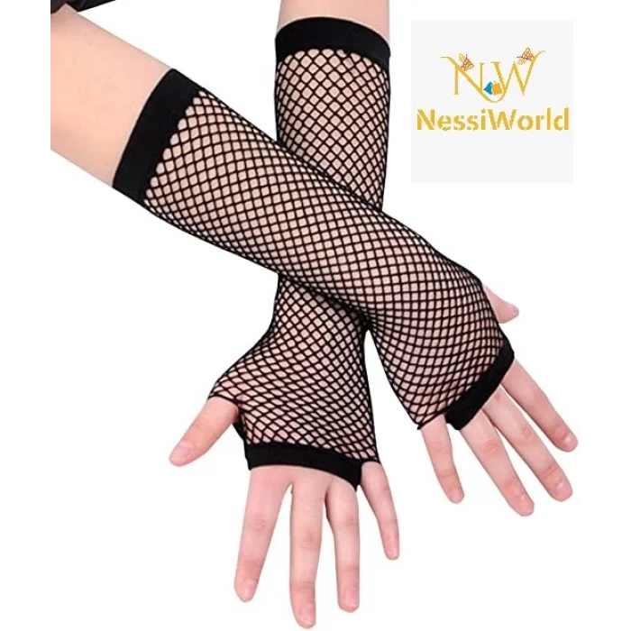 Siyah Renk Uzun File Eldiven - Örgü Eldiven Siyah Renk