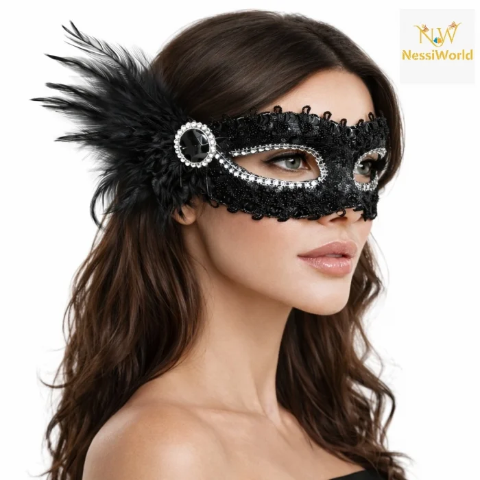Siyah Taşlı Venedik Parti Maskesi – Tüylü Payetli